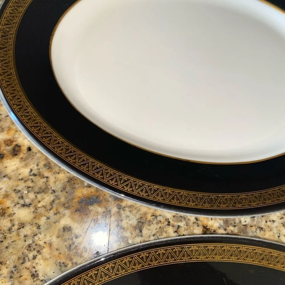 2 Mid Century Modern Shenango China Grecian Gold Black Band Oval Plates 12”x 9.5